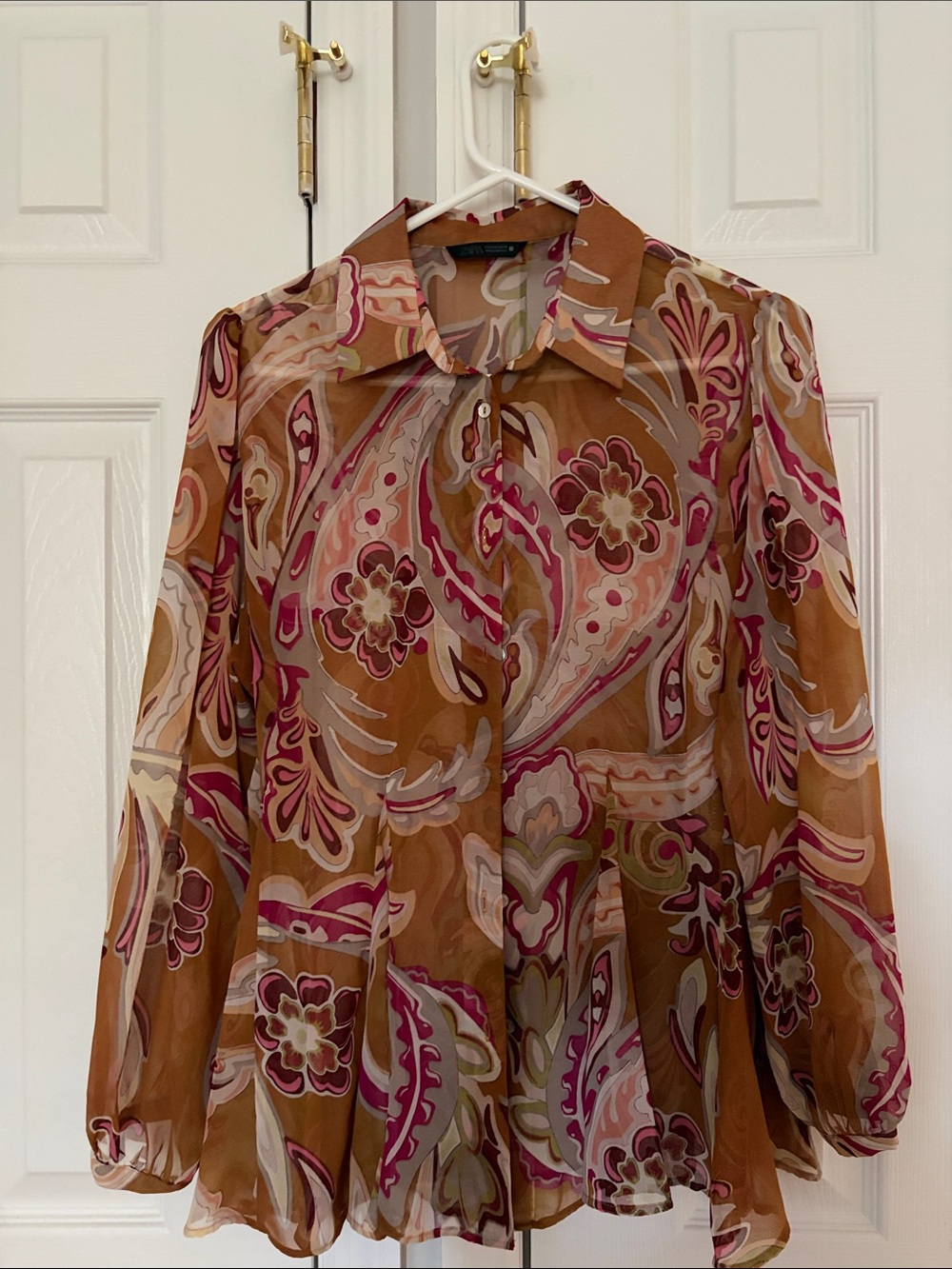 Zara Brown and Pink Paisley Sheer Button-Up Blouse